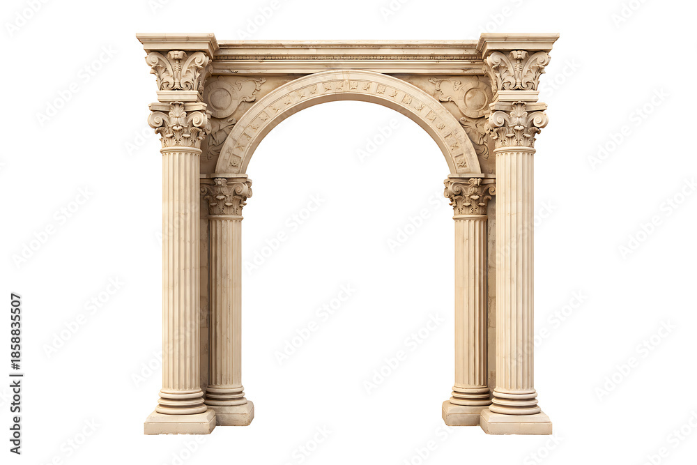 Naklejka premium Grand aged stone archway with double corinthian columns and detailed sculptural reliefs for historical monument or palace entrance design isolated on transparent background