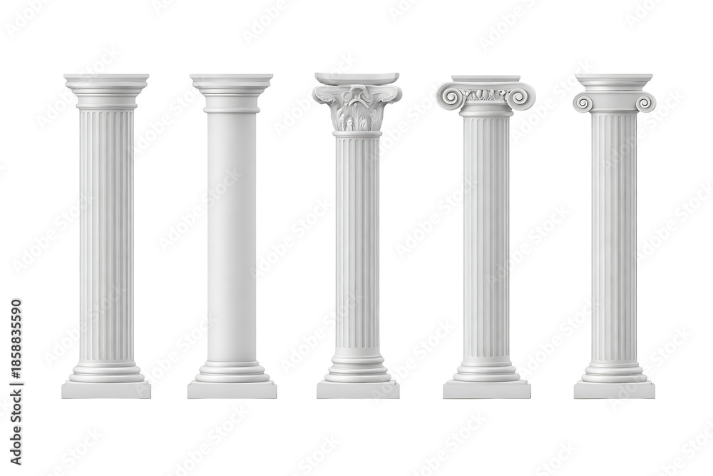 Obraz premium Comprehensive set of five classic architectural column orders including doric ionic and corinthian styles in white isolated on transparent background