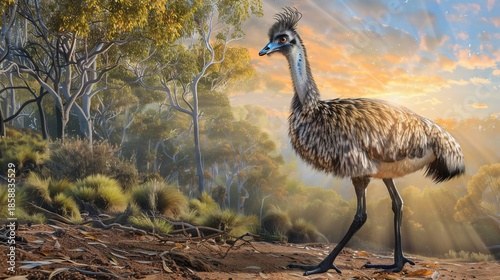 Realistic illustration of an emu in a golden-lit landscape with trees and foliage