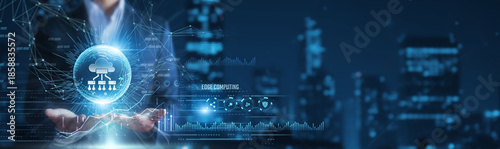 Foto Businessman hands holding edge computing nodes and real-time data, low-latency p