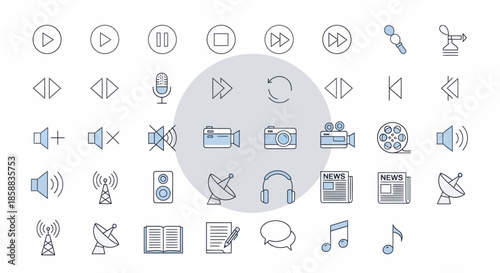 Collection of media and audio icons representing various functions and controls.