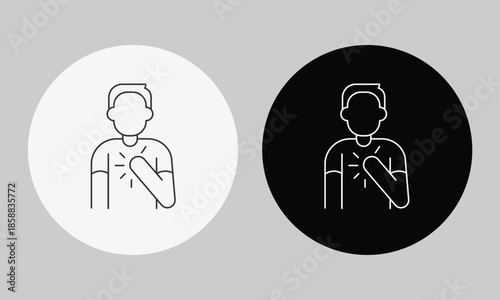 Man Feeling Heart Pain or Chest Discomfort Icon, Minimalist Line Art Vector for Healthcare, Cardiology, Heart Attack Symptom, and Medical Emergency Awareness Symbol