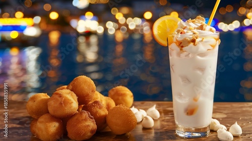 Refreshing cocktail with fried dough balls, set against a blurred waterside night scene