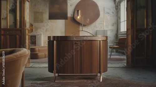 Richly detailed interior scene with copper cabinet, furniture, artwork, and textured walls