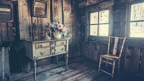 Rustic cabin interior with a vintage dresser, chair, and flower arrangement