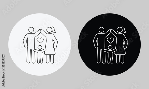 Family Protection and Home Insurance Icon, Minimalist Line Art Vector of Parents Creating Roof Shape over Child with Heart Symbol for Security and Welfare