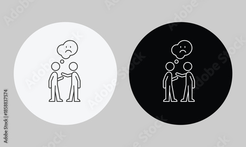Two People Arguing with Sad Thought Bubble Icon, Minimalist Line Art Vector for Disagreement, Conflict, Misunderstanding, and Negative Communication Symbol