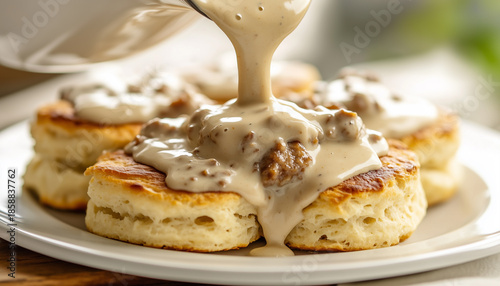 Fluffy biscuits get drizzled with sausage gravy from spoon. Savory creamy sauce and meat chunks cover baked bread on plate. Tasty