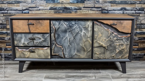 Rustic console table, wood, metal, stone accents, drawers, against a stone-like wall