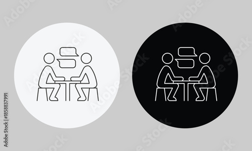 Two People Sitting at Table Interview Icon, Minimalist Line Art Business Communication, Dialogue, and One-on-One Consultation Symbol for Professional Services