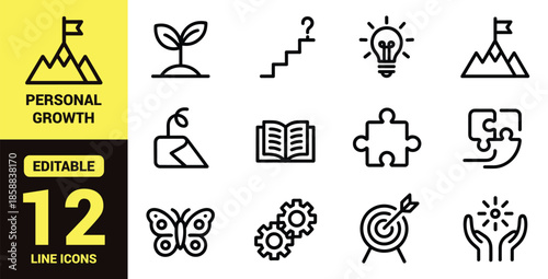 Personal Growth and Motivation Line Icons Set for Learning, Goals, Creativity, Problem Solving and Self Development Concepts