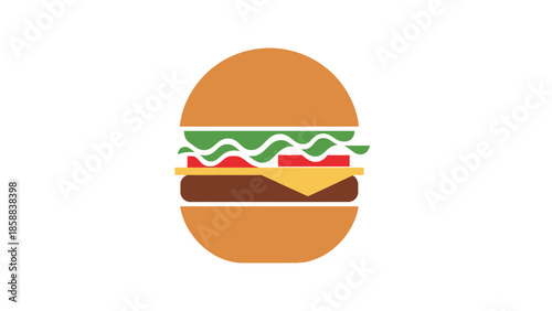 Illustration of a hamburger with cheese, lettuce, and tomato on a bun.