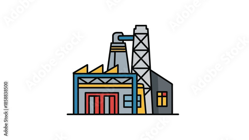 Illustration of a factory with chimneys and a building, representing industry.