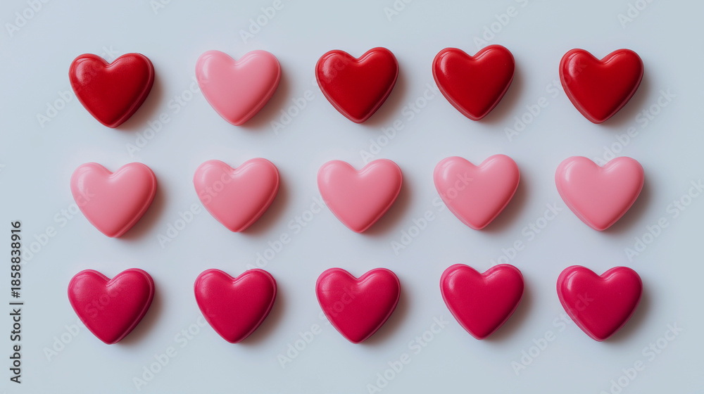 Fototapeta premium Red and pink heart-shaped objects arranged in a neat grid pattern on a light background creating a romantic minimal concept