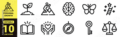 Personal Growth and Motivation Line Icons Set for Learning, Goals, Creativity, Problem Solving and Self Development Concepts