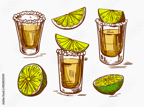 Tequila shot and lime, hand drawn vector illustrations