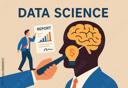 Data scientist, research information or data analysis, intelligence info or knowledge to analyze report, big data or genius concept, businessman put graph diagram report on human head brain.