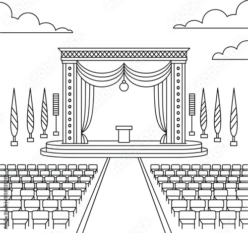 Title: Line of a theater stage with curtains and audience seating