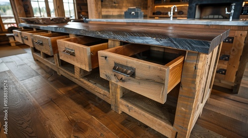 Rustic kitchen island with open drawers, crafted from wood, showcasing hardware