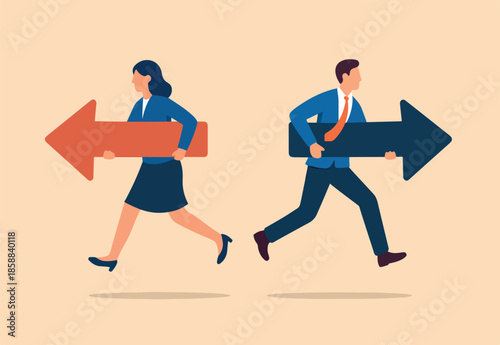 Different individual way, different business direction or team conflict, opposite decision, contrast or disagreement concept, businessman and businesswoman holding arrow running in opposite position
