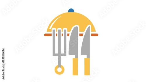 Simple illustration of kitchen utensils and serving dish.