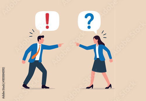 Different opinion, conflict or argument in meeting discussion debate, disagreement or fight, challenge dialog concept, businessman and woman colleague arguing different opinion to find out solution.