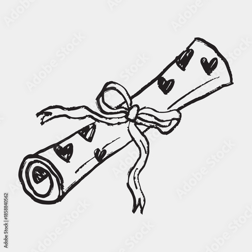 Hand drawn paper scroll with bow and hearts. Romance, happy Valentine's day. Wedding element. Vector sketch illustration in vintage crayon charcoal style