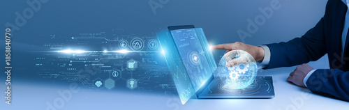 Businessman using laptop and analyze the system settings dashboard on digital interface. configuration control, software options, personalization, IT management, digital setup