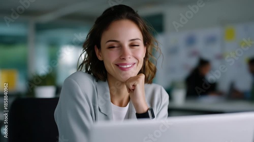 young woman sits at her desk in a bright, modern office space, visibly thrilled as she clenches her fists in a small celebratory gesture, eyes closed with a joyful smile as she