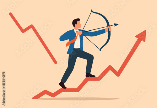 Economic recovery, change to rising up profit or growth, success improve business revenue or increase investment earnings concept, smart businessman turn down trend graph to be rising up with his bow.