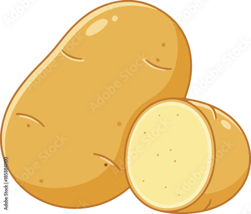 Fresh cartoon potato illustration featuring a whole potato and a sliced half, showcasing its natural texture on white background.