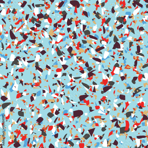 Geometric terrazzo seamless pattern. Abstract colourful modern background. Stone fashion design for web and print. Venetian tile, flooring home decor. Chaotic pastel texture.