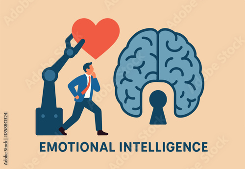 Emotional intelligence ability to understanding emotions and control self positive way, balance between heart and brain, reason and emotion concept, machine put positive heart shape into human brain