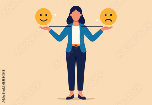 Emotional intelligence, balance emotion control feeling between work stressed or sadness and happy lifestyle concept, mindful calm woman using her hand to balance smile and sad face.