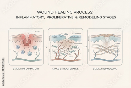 Diagram of wound healing stages illustrating inflammatory, proliferative, and remodeling phases with labeled skin layers