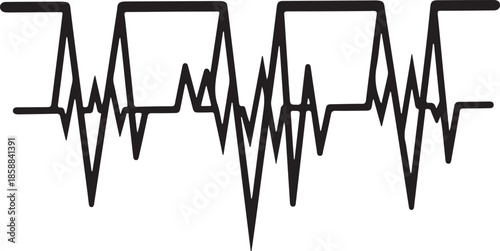 Black abstract jagged frequency sound wave or heartbeat pulse line graph illustration representing data fluctuations, medical rhythm