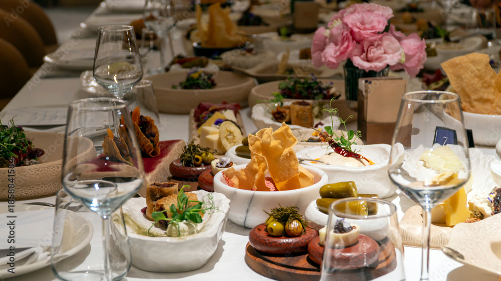 Fototapeta premium Luxury banquet table with Mediterranean mezze appetizers, pink rose centerpieces and wine creating elegant dining event atmosphere