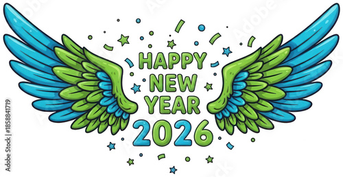 Happy new year 2026 cartoon text with colorful wings and confetti