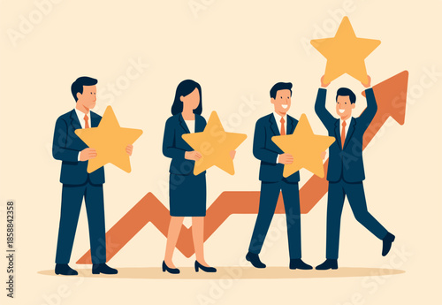 Employee survey, customer feedback rating or performance review, five stars service, best experience or feedback and engagement concept, business people employees holding 5 stars rating feedback