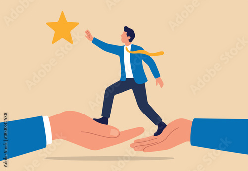 Empowerment or encouragement to help employee reach career success, woman leadership, support or help for work achievement, reward or job promotion concept, helping hand help businesswoman reach star.