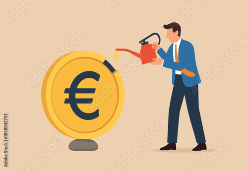Euro monetary policy, central bank or government to manage EU or European financial or economic, inflation and interest rate policy concept, businessman put oil lubricate into open Euro money coin.