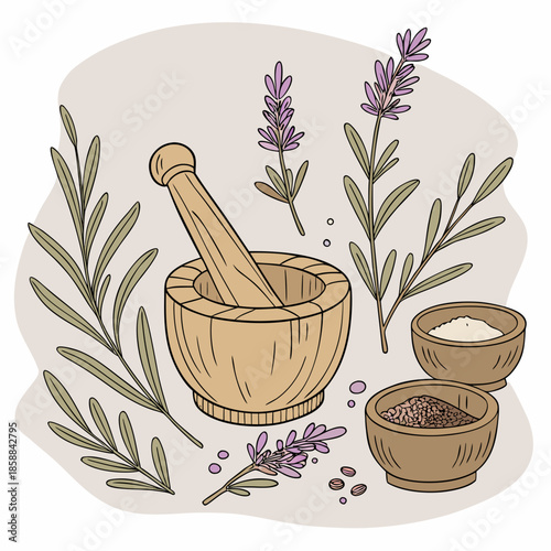 Wooden mortar and pestle with lavender and rosemary. Herbal natural remedy preparation illustration.