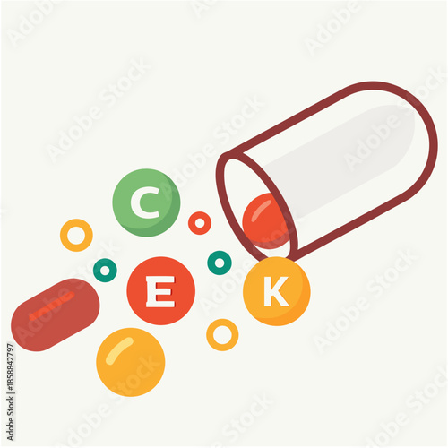 Vitamins C, E and K spilling from capsule. Nutrition supplement and health wellness concept.