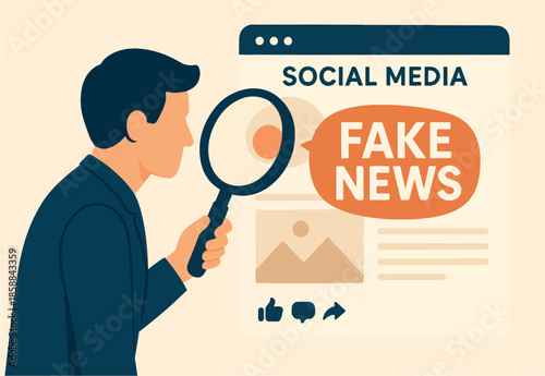Fake news, false information sharing on social media, hoax or lies censorship, fake website cheating, scam or dishonesty report concept, man magnifying glass on social media as fake news attention.