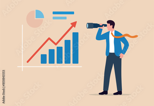 Financial forecast, vision for stock market investment return, make profit opportunity, discover economic recover, businessman financial professional look through binocular to see graph and chart.