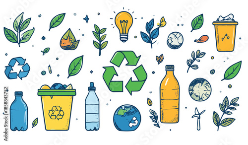 Doodle style environmental icons set for recycling, green energy, sustainability
