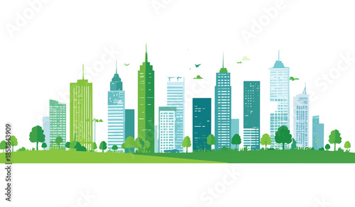 Modern city skyline with eco-friendly buildings and green parks, sustainable city concept