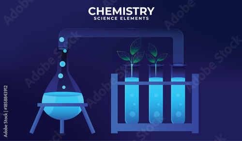 Futuristic set of insulated glass flasks or bottles containing shimmering liquids for chemistry experiments. Test tubes for chemical or scientific laboratories, for measurements in medicine,  pharmacy