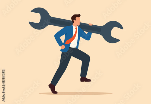 Fix business problem, help resolve problem, improve business in downturn or crisis management concept, smart businessman carrying big wrench metaphor of fixing problem