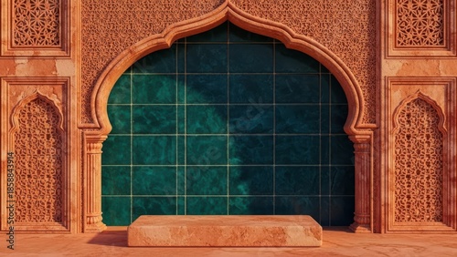 Ornate islamic archway with green tiled background and stone podium for product display